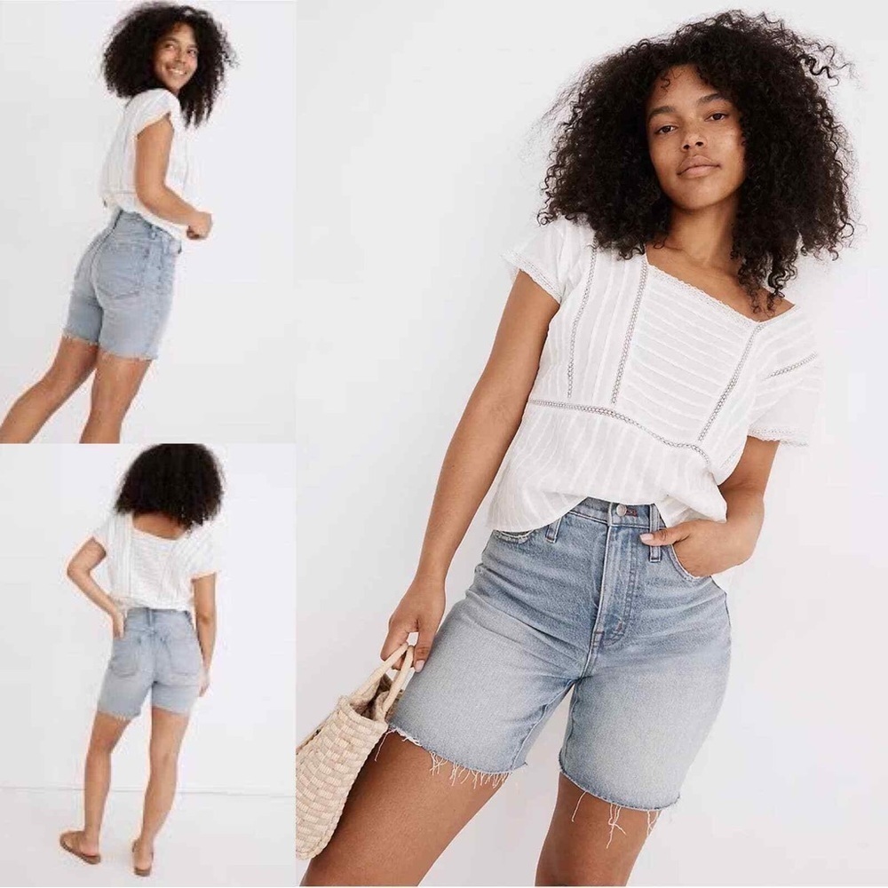 Madewell Blue Denim Jean HIGH Rise Mid Lenght Shorts Cotton Blend Raw Hem